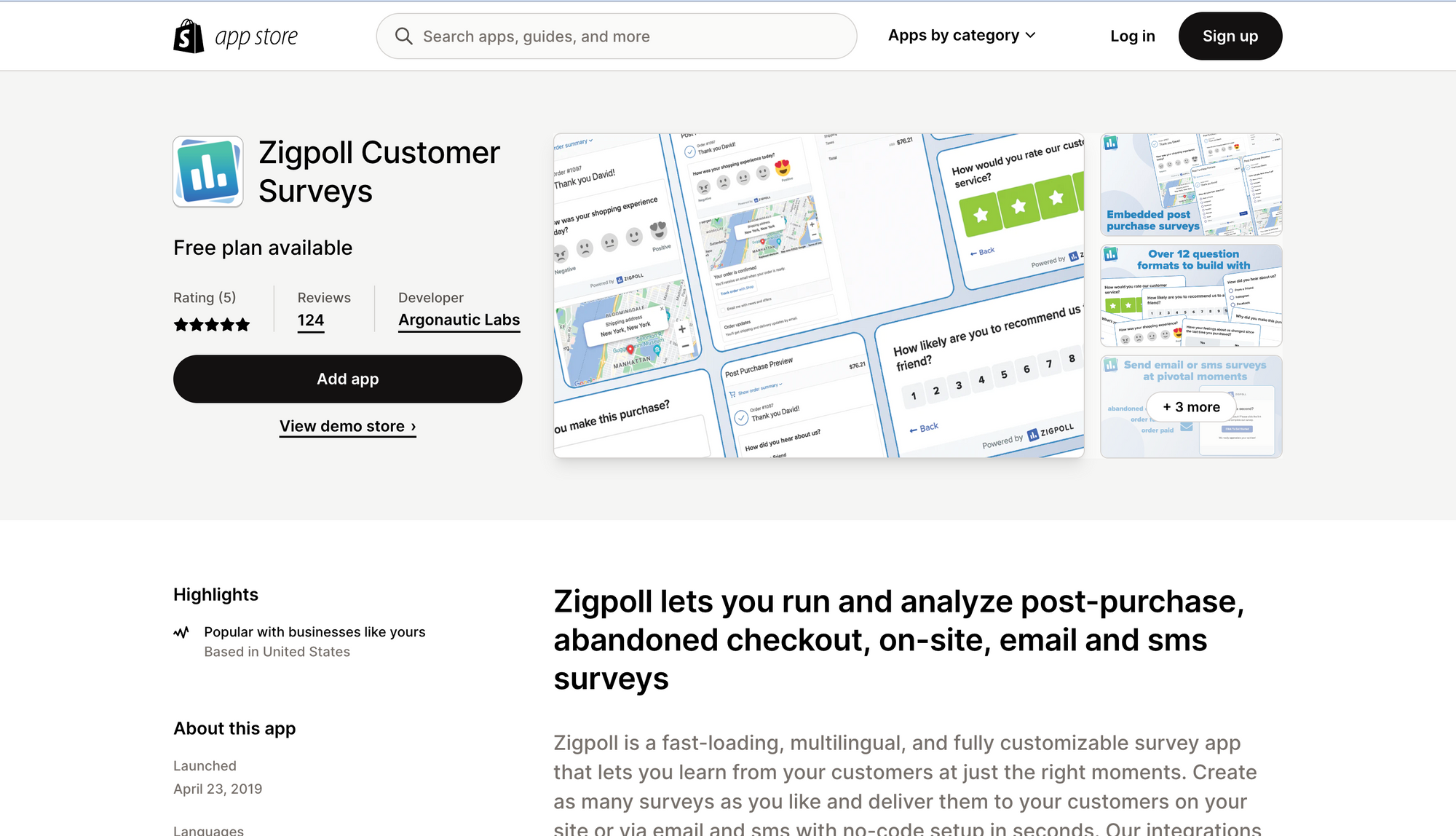 Image of the Zigpoll Customer Survey app on the Shopify app marketplace